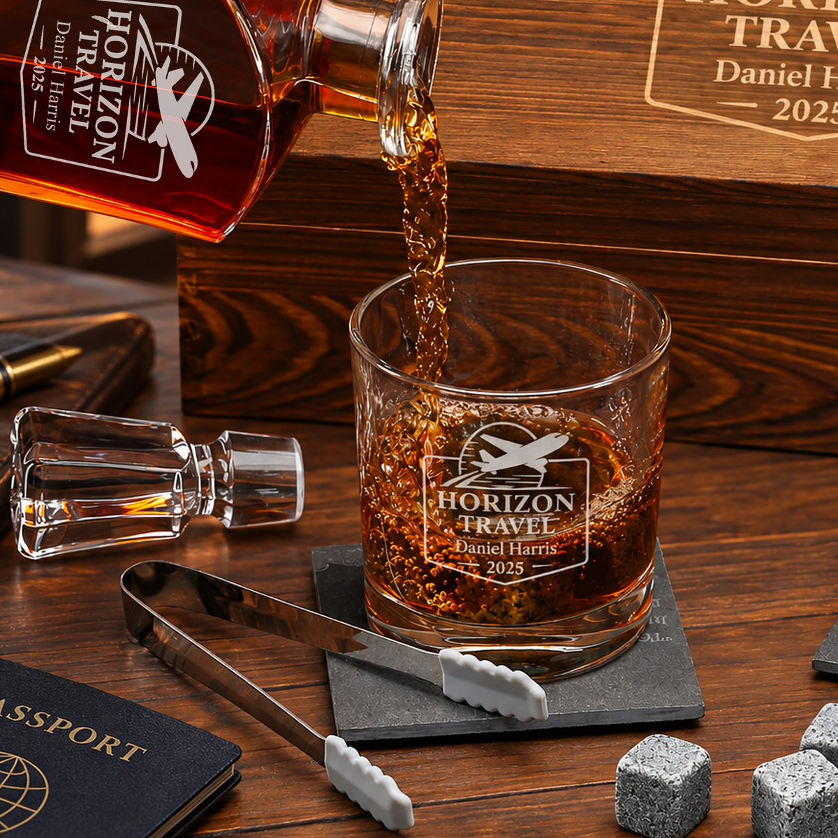 Travel & Hospitality Company Gifts – Slick Decanter Set with 2 Glasses, 9 Whiskey Stones & Wooden Box product image