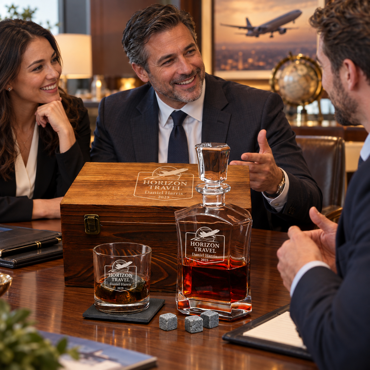 Travel & Hospitality Company Gifts – Slick Decanter Set with 2 Glasses, 9 Whiskey Stones & Wooden Box – image 15