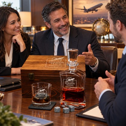 Travel & Hospitality Company Gifts – Slick Decanter Set with 2 Glasses, 9 Whiskey Stones & Wooden Box – image 15