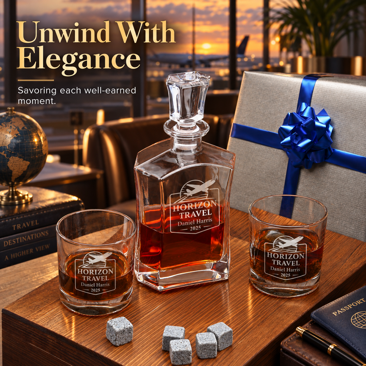 Travel & Hospitality Company Gifts – Slick Decanter Set with 2 Glasses, 9 Whiskey Stones & Wooden Box – image 16