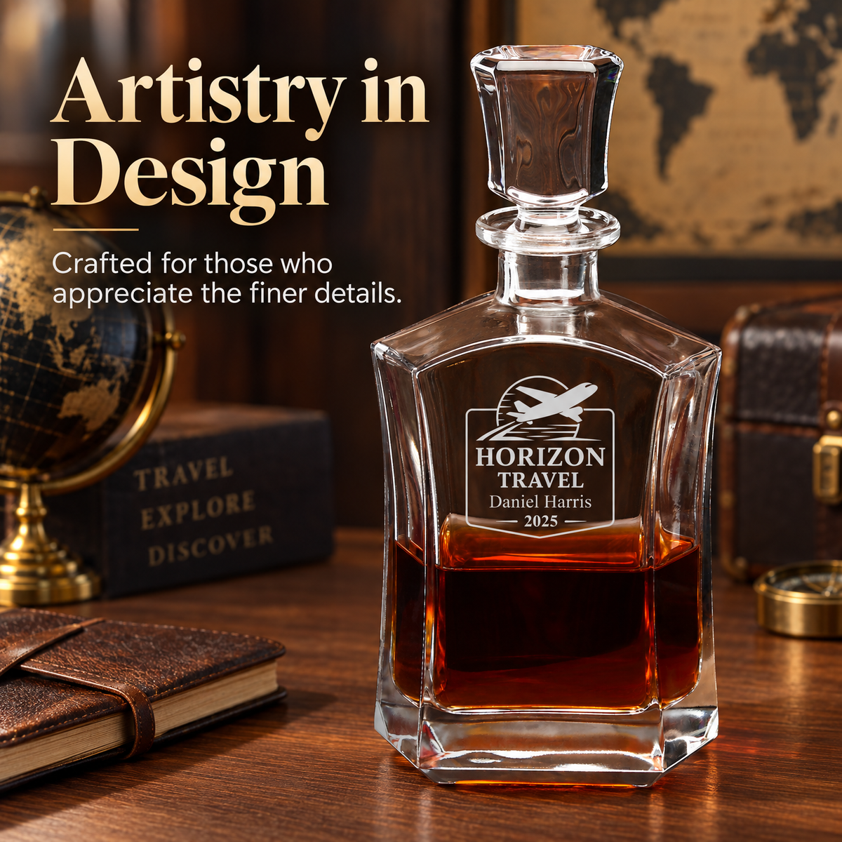 Travel & Hospitality Company Gifts – Slick Decanter Set with 2 Glasses, 9 Whiskey Stones & Wooden Box – image 18