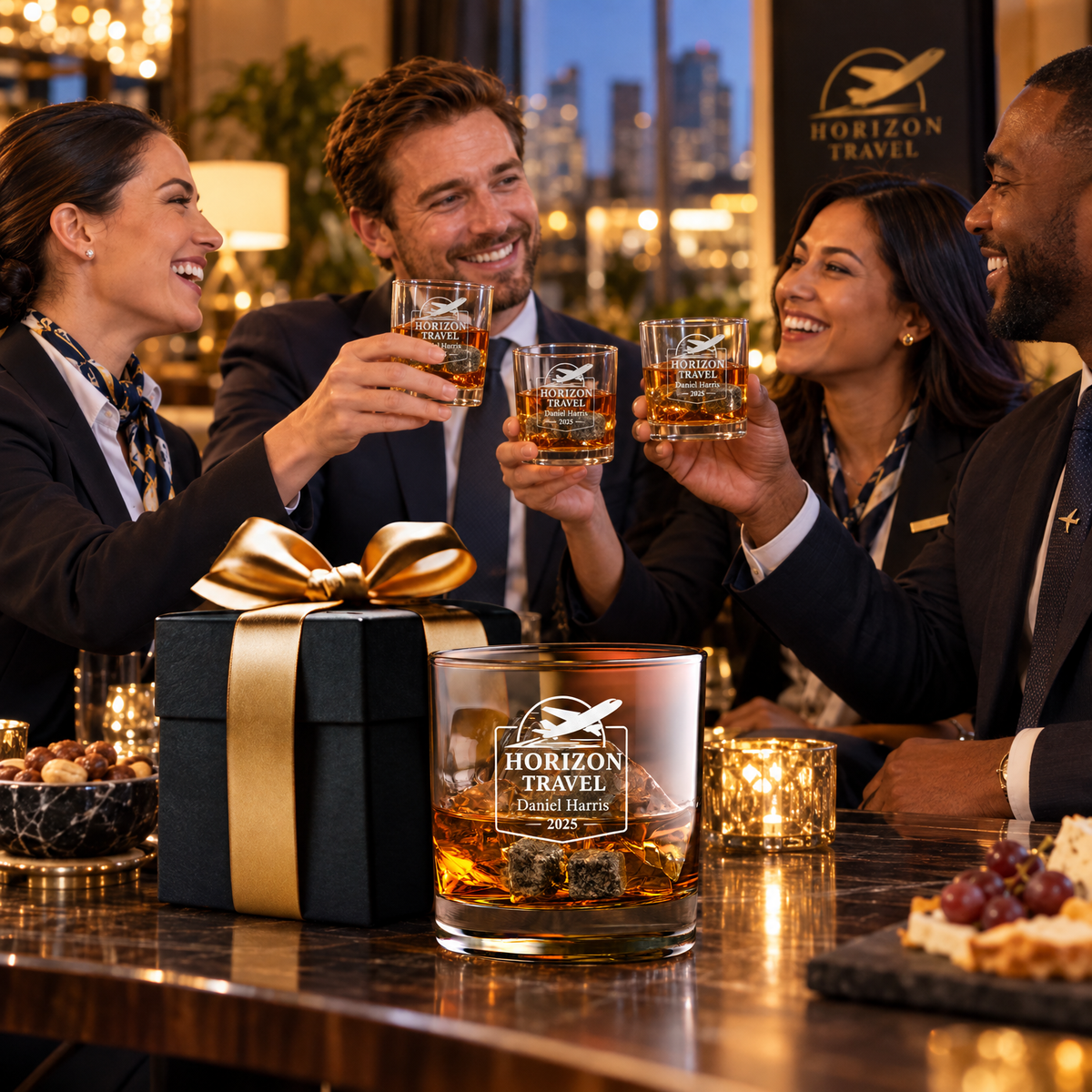 Travel & Hospitality Company Gifts – Slick Decanter Set with 2 Glasses, 9 Whiskey Stones & Wooden Box product image