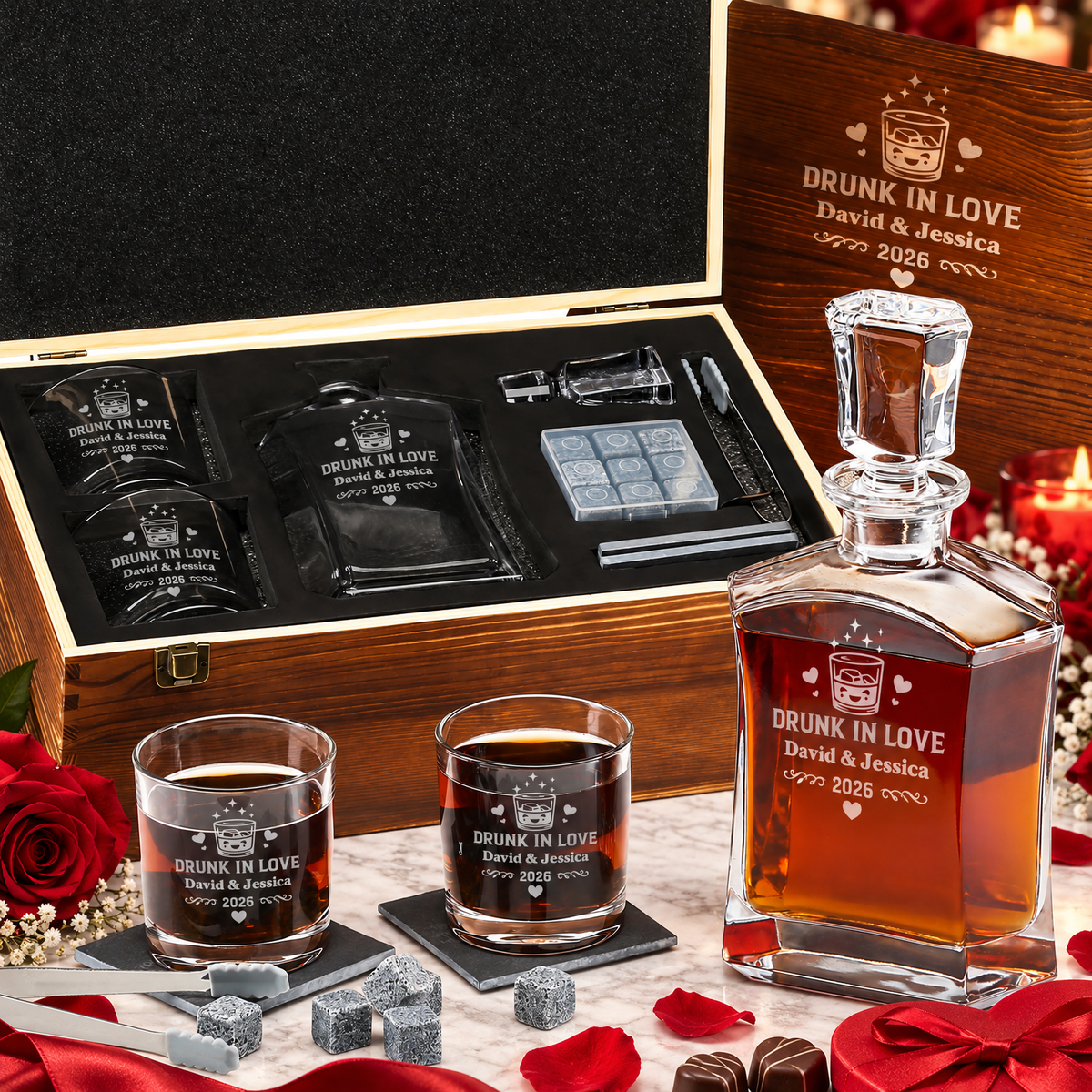 Valentine's Day Gift – Slick Decanter Set with 2 Glasses, 9 Whiskey Stones & Wooden Box product image