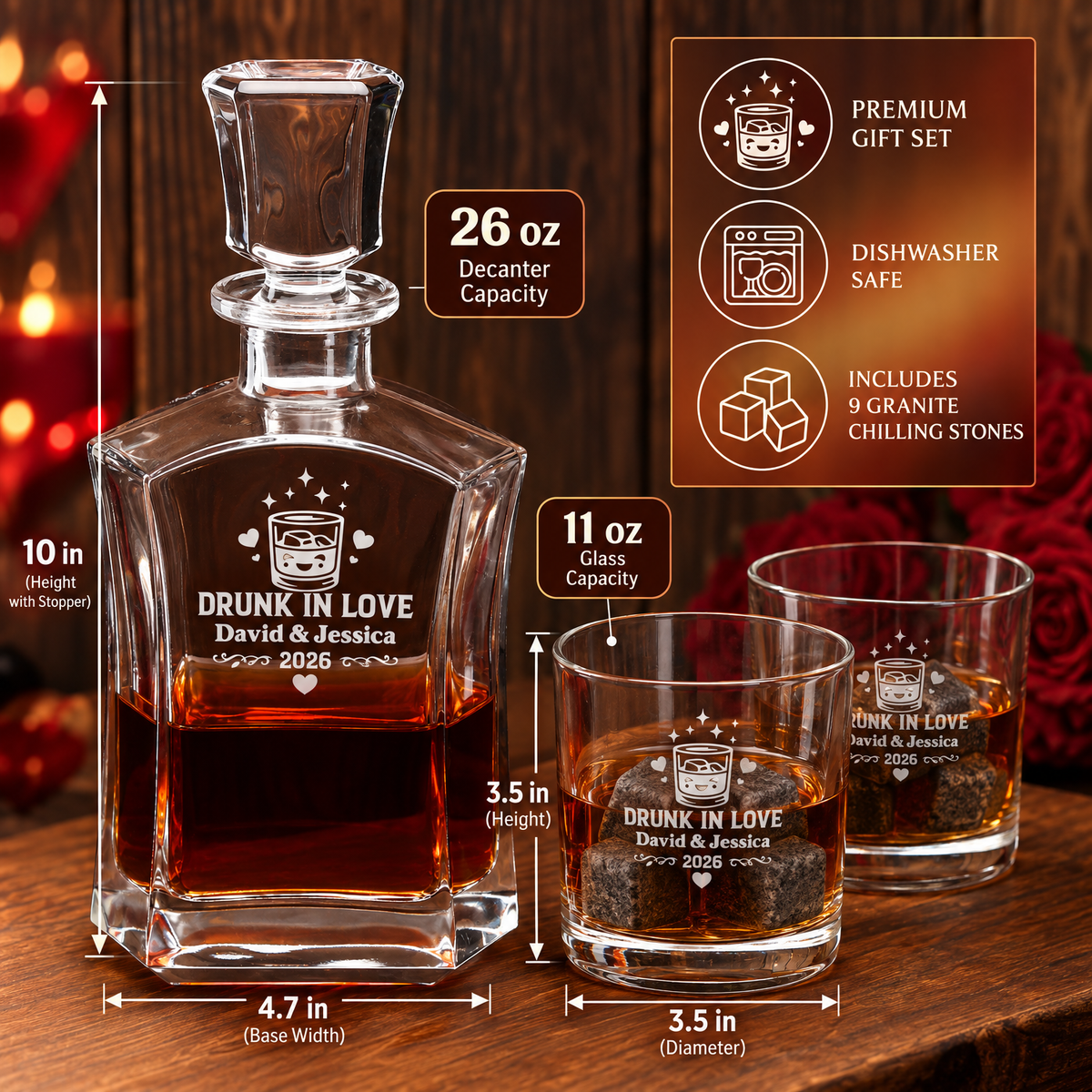 Valentine's Day Gift – Slick Decanter Set with 2 Glasses, 9 Whiskey Stones & Wooden Box product image