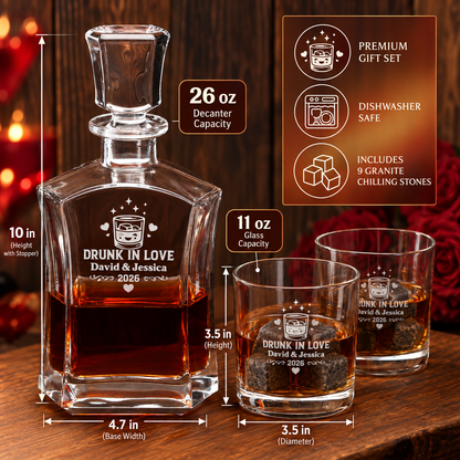 Valentine's Day Gift – Slick Decanter Set with 2 Glasses, 9 Whiskey Stones & Wooden Box – image 02
