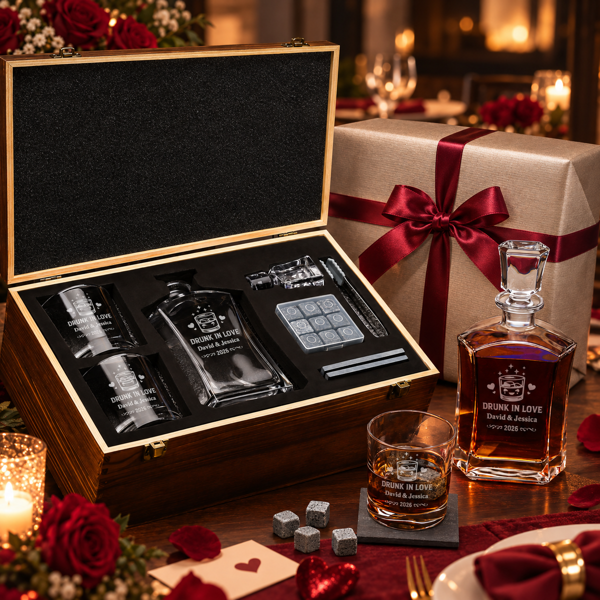 Valentine's Day Gift – Slick Decanter Set with 2 Glasses, 9 Whiskey Stones & Wooden Box – image 04