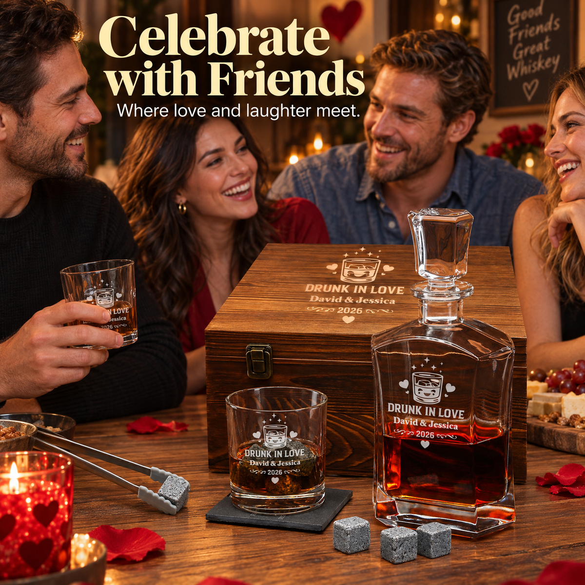 Valentine's Day Gift – Slick Decanter Set with 2 Glasses, 9 Whiskey Stones & Wooden Box product image