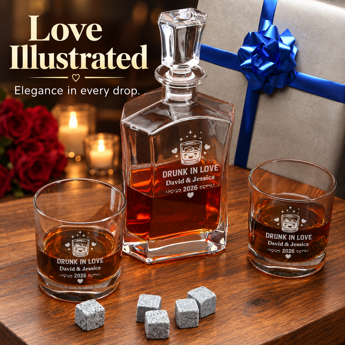Valentine's Day Gift – Slick Decanter Set with 2 Glasses, 9 Whiskey Stones & Wooden Box product image
