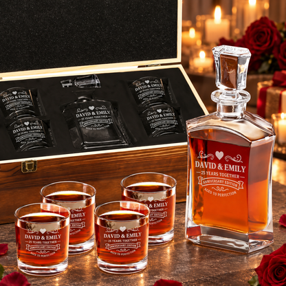 Anniversary Gift – Slick Decanter Set with 4 Glasses & Wooden Box – image 01
