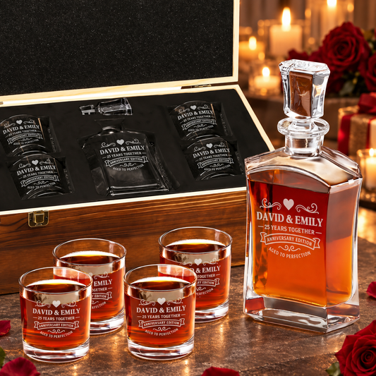 Anniversary Gift – Slick Decanter Set with 4 Glasses & Wooden Box – image 01