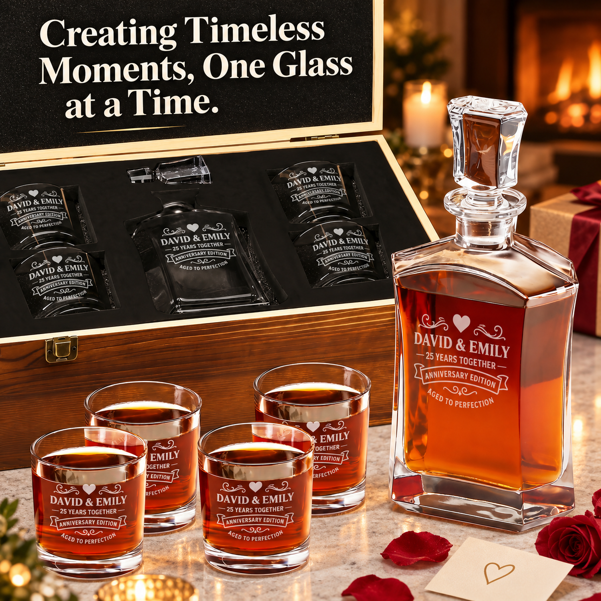 Anniversary Gift – Slick Decanter Set with 4 Glasses & Wooden Box – image 12