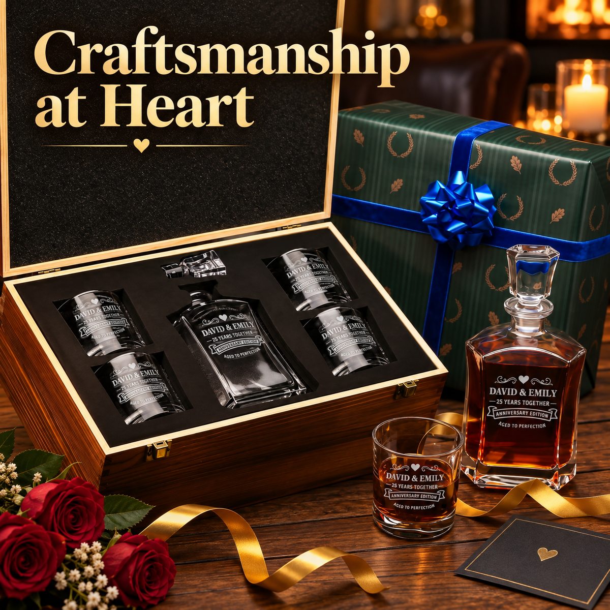 Anniversary Gift – Slick Decanter Set with 4 Glasses & Wooden Box product image