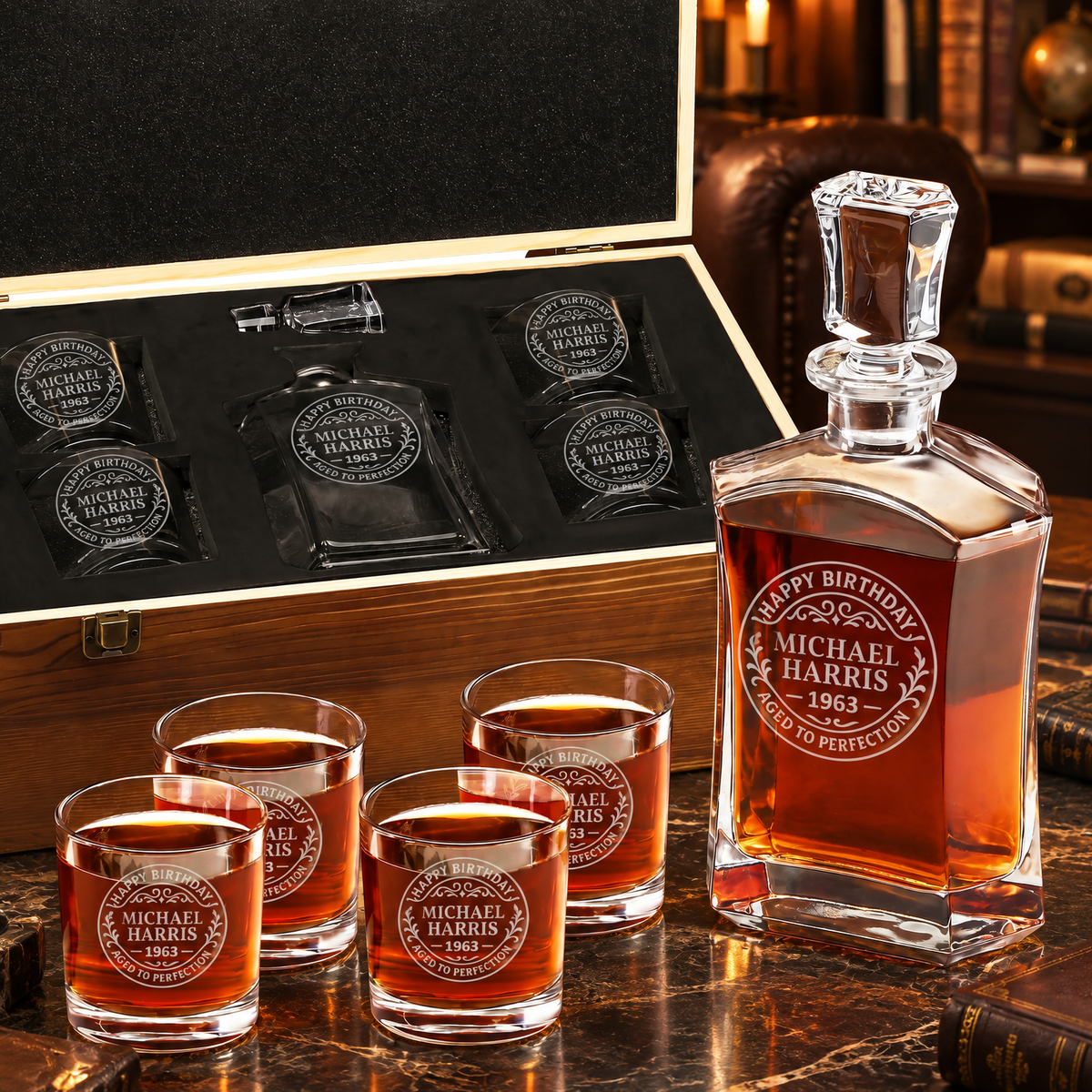 Birthday Gift – Slick Decanter Set with 4 Glasses & Wooden Box product image