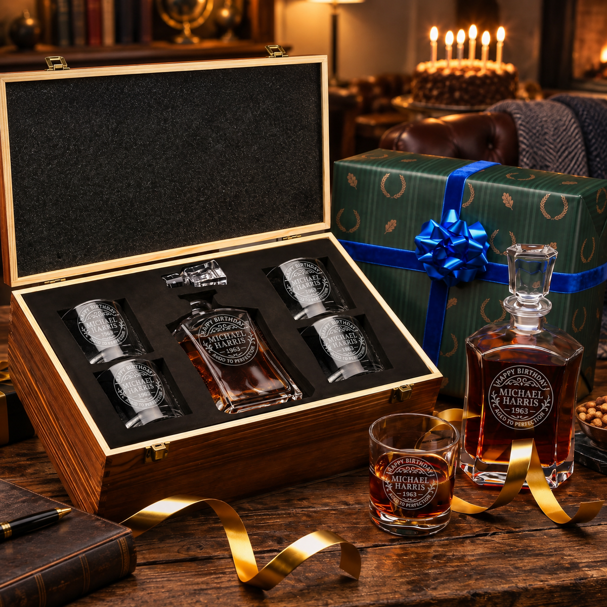 Birthday Gift – Slick Decanter Set with 4 Glasses & Wooden Box – image 04