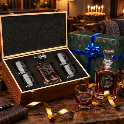 Birthday Gift – Slick Decanter Set with 4 Glasses & Wooden Box – image 04