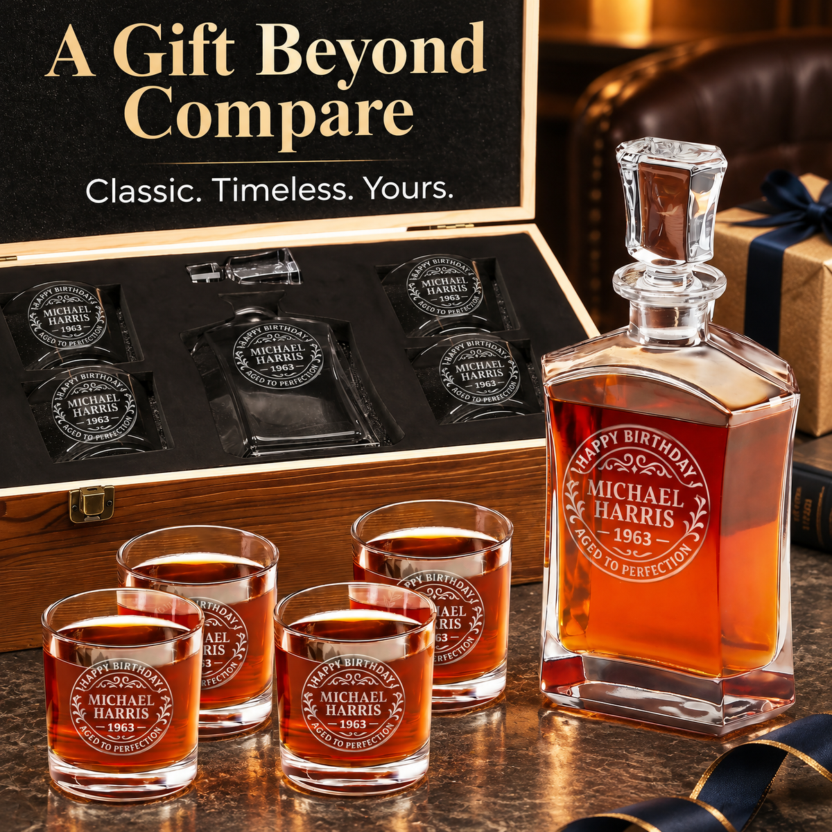 Birthday Gift – Slick Decanter Set with 4 Glasses & Wooden Box product image