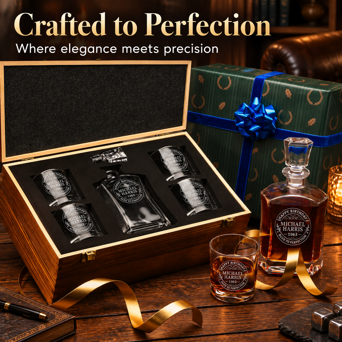 Birthday Gift – Slick Decanter Set with 4 Glasses & Wooden Box – image 14