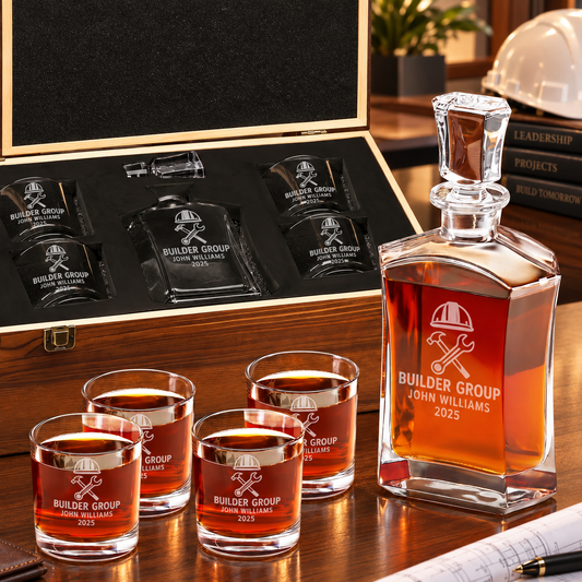 Construction Company Gifts – Slick Decanter Set with 4 Glasses & Wooden Box – image 01