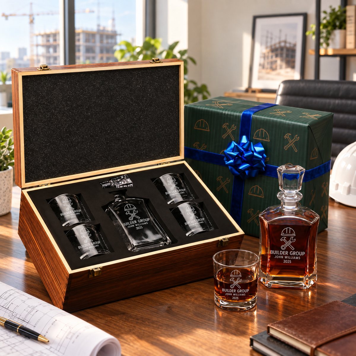 Construction Company Gifts – Slick Decanter Set with 4 Glasses & Wooden Box – image 04