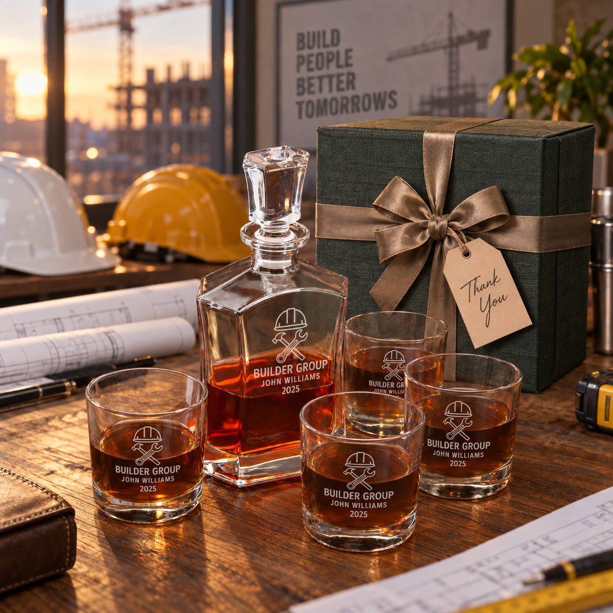 Construction Company Gifts – Slick Decanter Set with 4 Glasses & Wooden Box – image 08