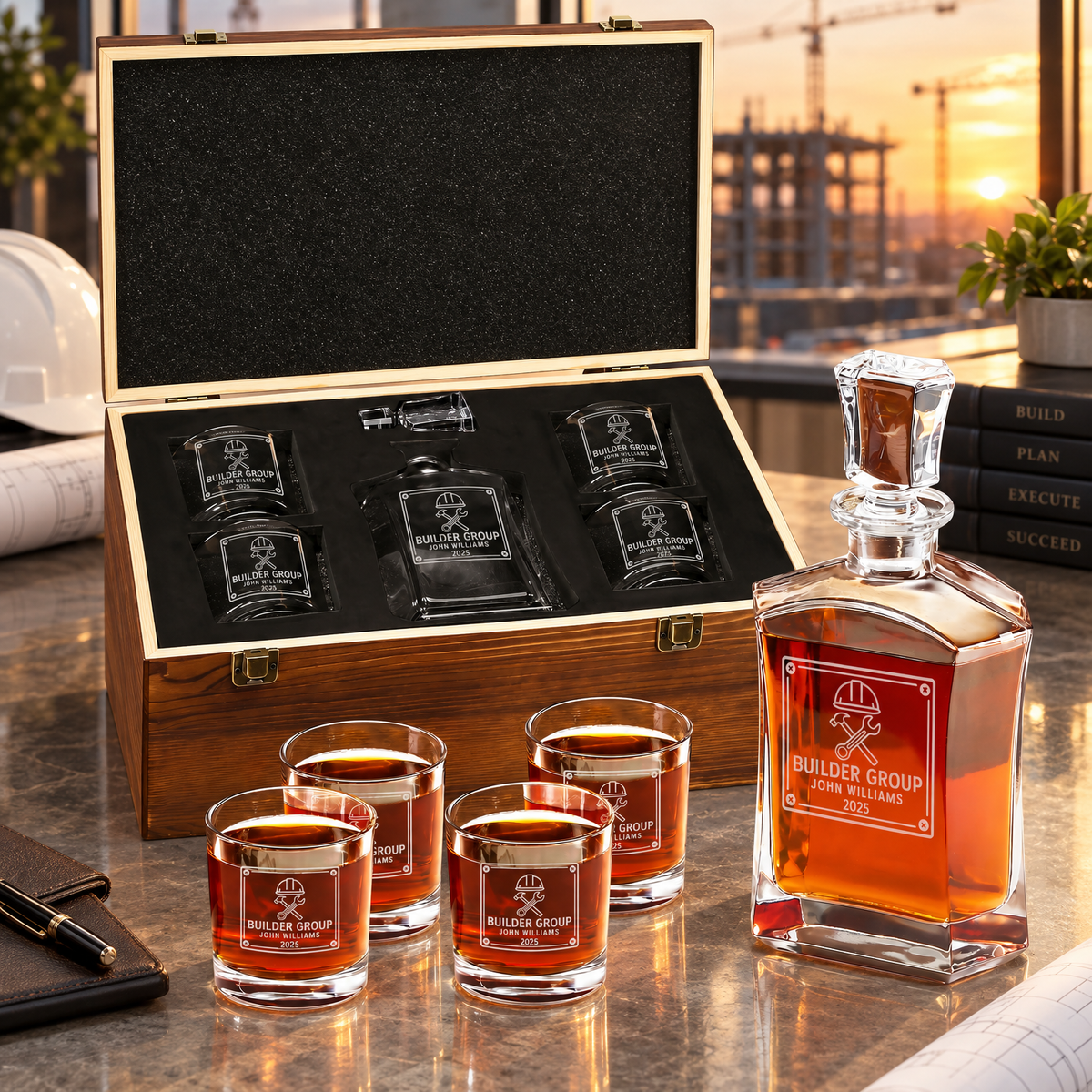 Construction Company Gifts – Slick Decanter Set with 4 Glasses & Wooden Box – image 10