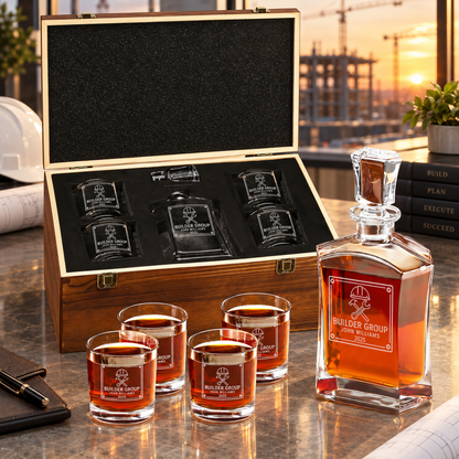 Construction Company Gifts – Slick Decanter Set with 4 Glasses & Wooden Box – image 10