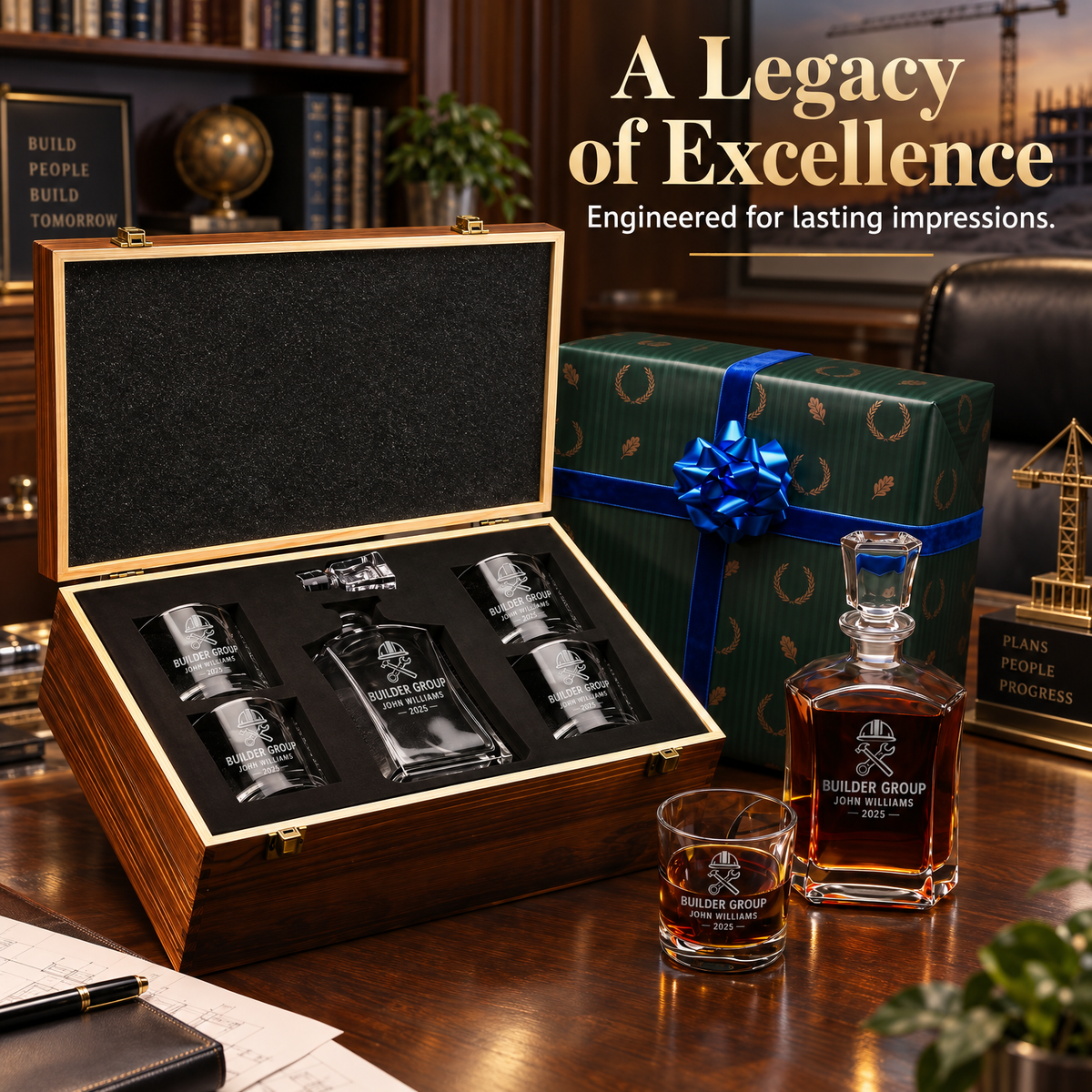 Construction Company Gifts – Slick Decanter Set with 4 Glasses & Wooden Box product image