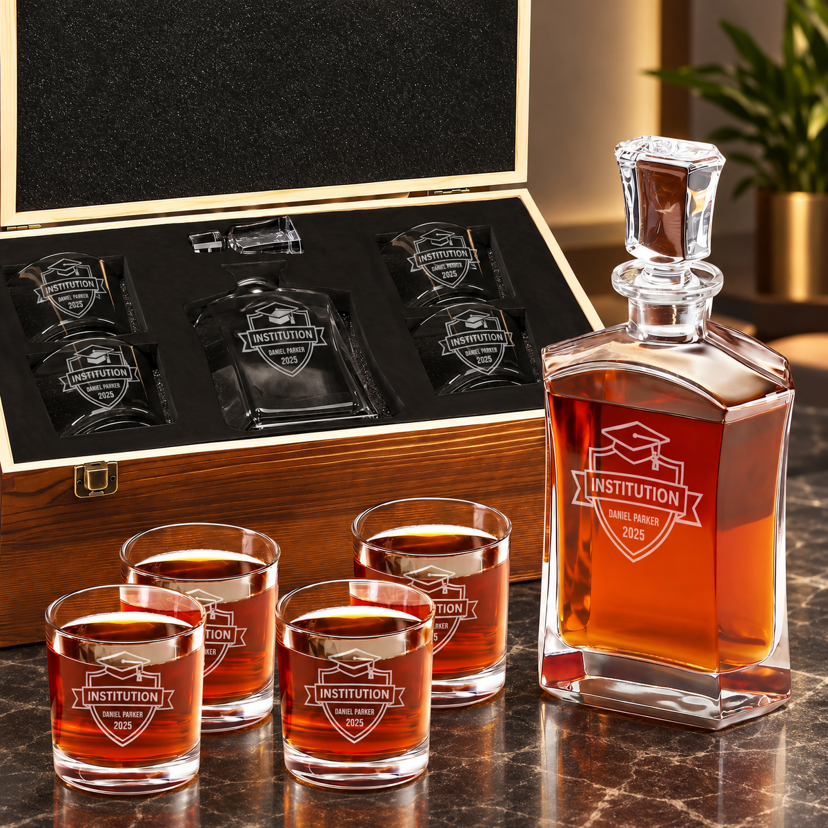 Education Company Gifts – Slick Decanter Set with 4 Glasses & Wooden Box – image 01