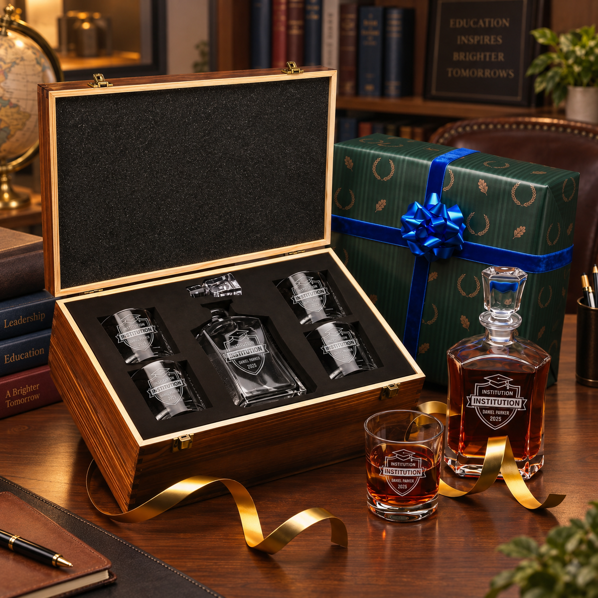 Education Company Gifts – Slick Decanter Set with 4 Glasses & Wooden Box – image 04