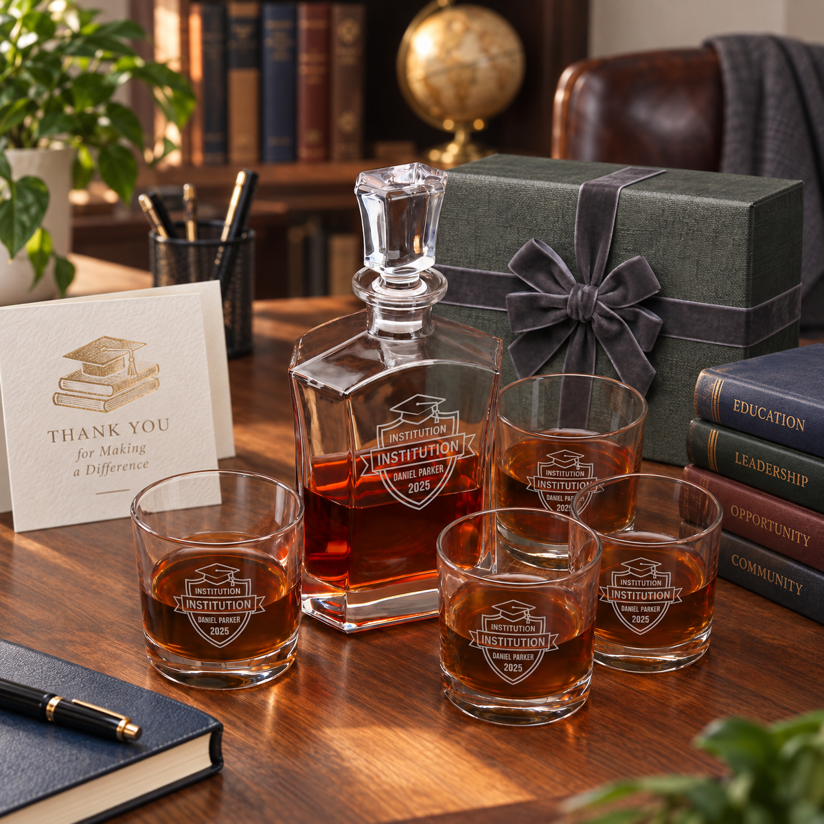 Education Company Gifts – Slick Decanter Set with 4 Glasses & Wooden Box – image 08