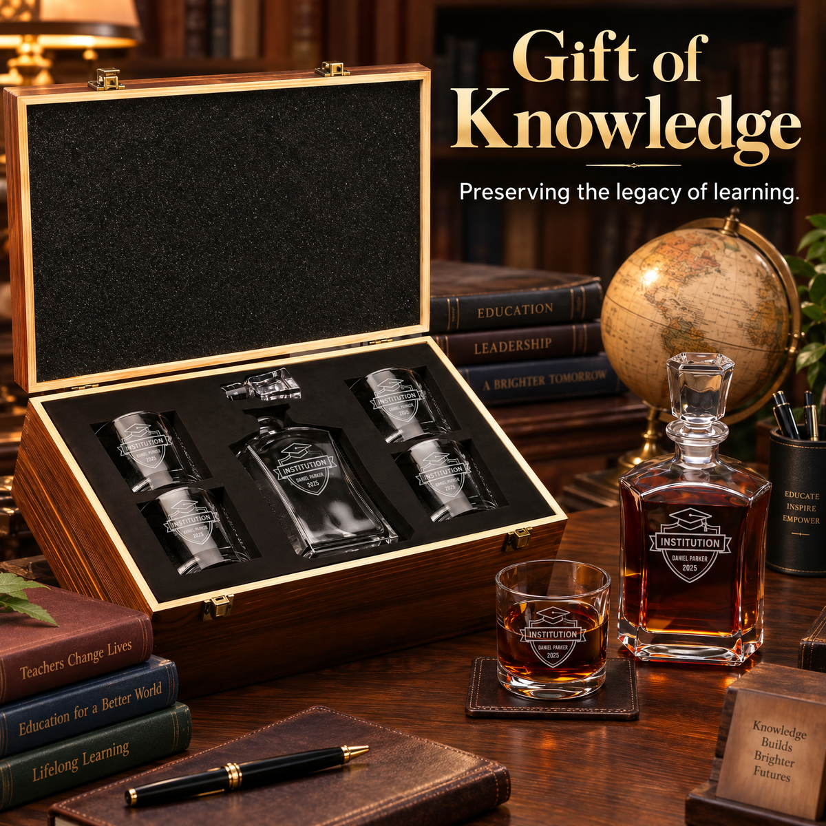 Education Company Gifts – Slick Decanter Set with 4 Glasses & Wooden Box – image 12