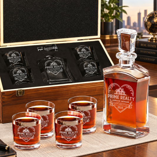 Real Estate Company Gifts – Slick Decanter Set with 4 Glasses & Wooden Box – image 01