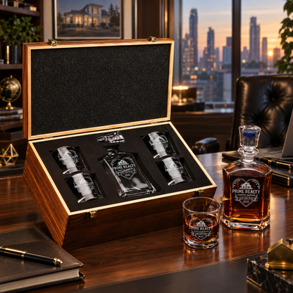 Real Estate Company Gifts – Slick Decanter Set with 4 Glasses & Wooden Box – image 04