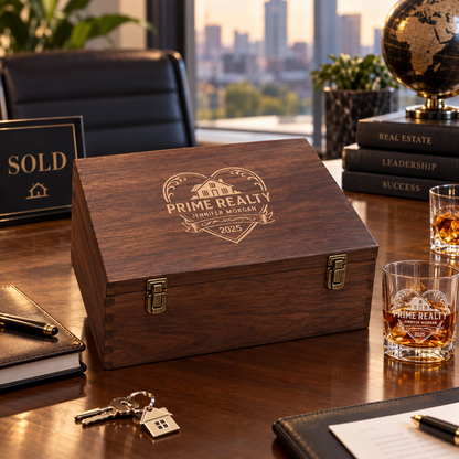 Real Estate Company Gifts – Slick Decanter Set with 4 Glasses & Wooden Box – image 06
