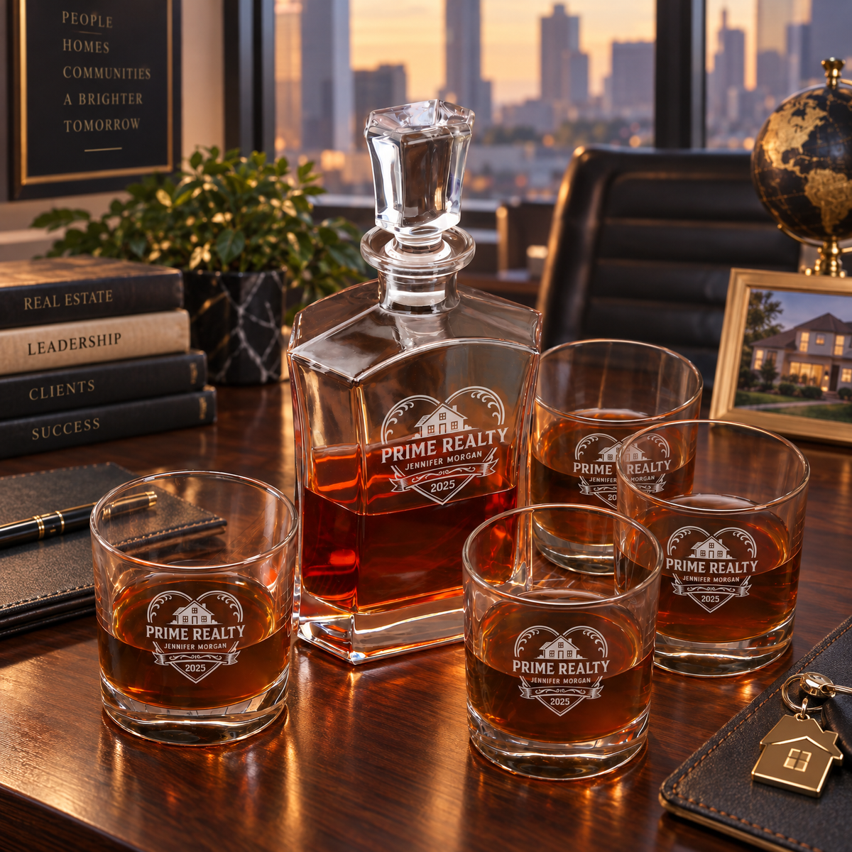 Real Estate Company Gifts – Slick Decanter Set with 4 Glasses & Wooden Box – image 08