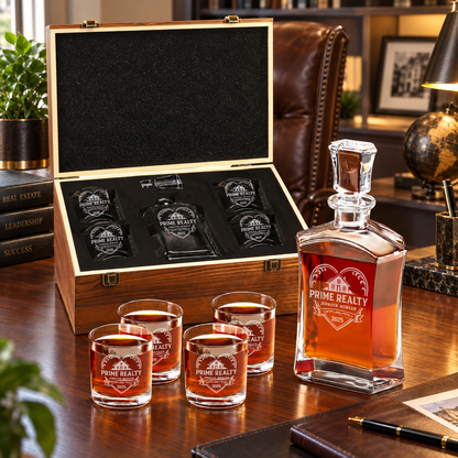 Real Estate Company Gifts – Slick Decanter Set with 4 Glasses & Wooden Box – image 10