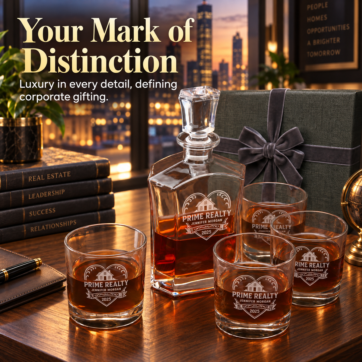 Real Estate Company Gifts – Slick Decanter Set with 4 Glasses & Wooden Box product image