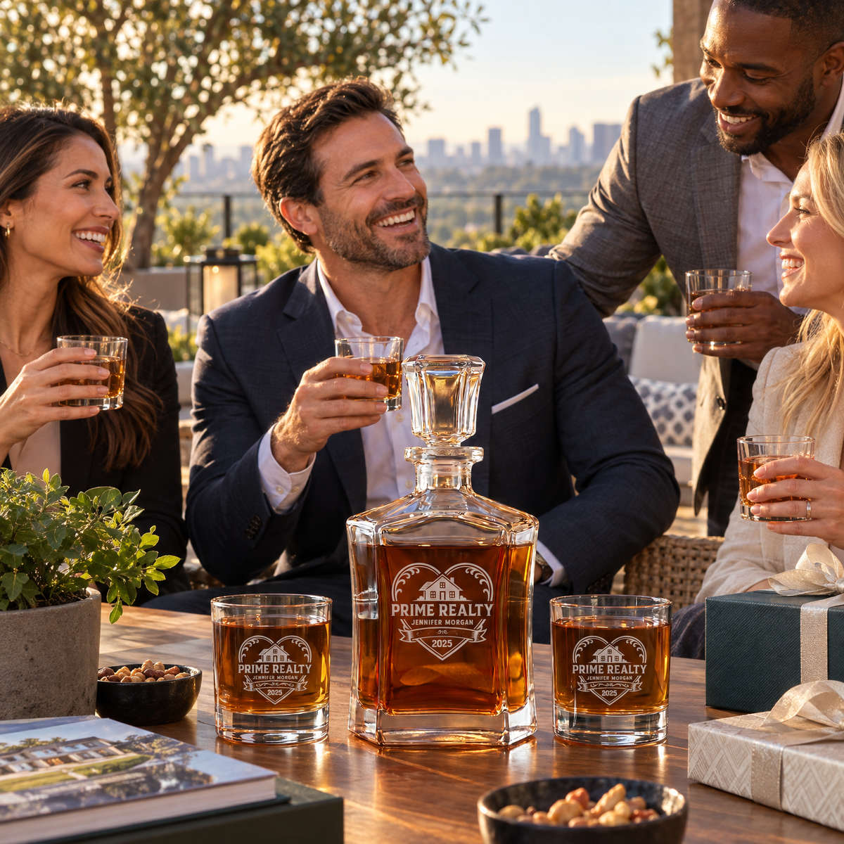 Real Estate Company Gifts – Slick Decanter Set with 4 Glasses & Wooden Box product image
