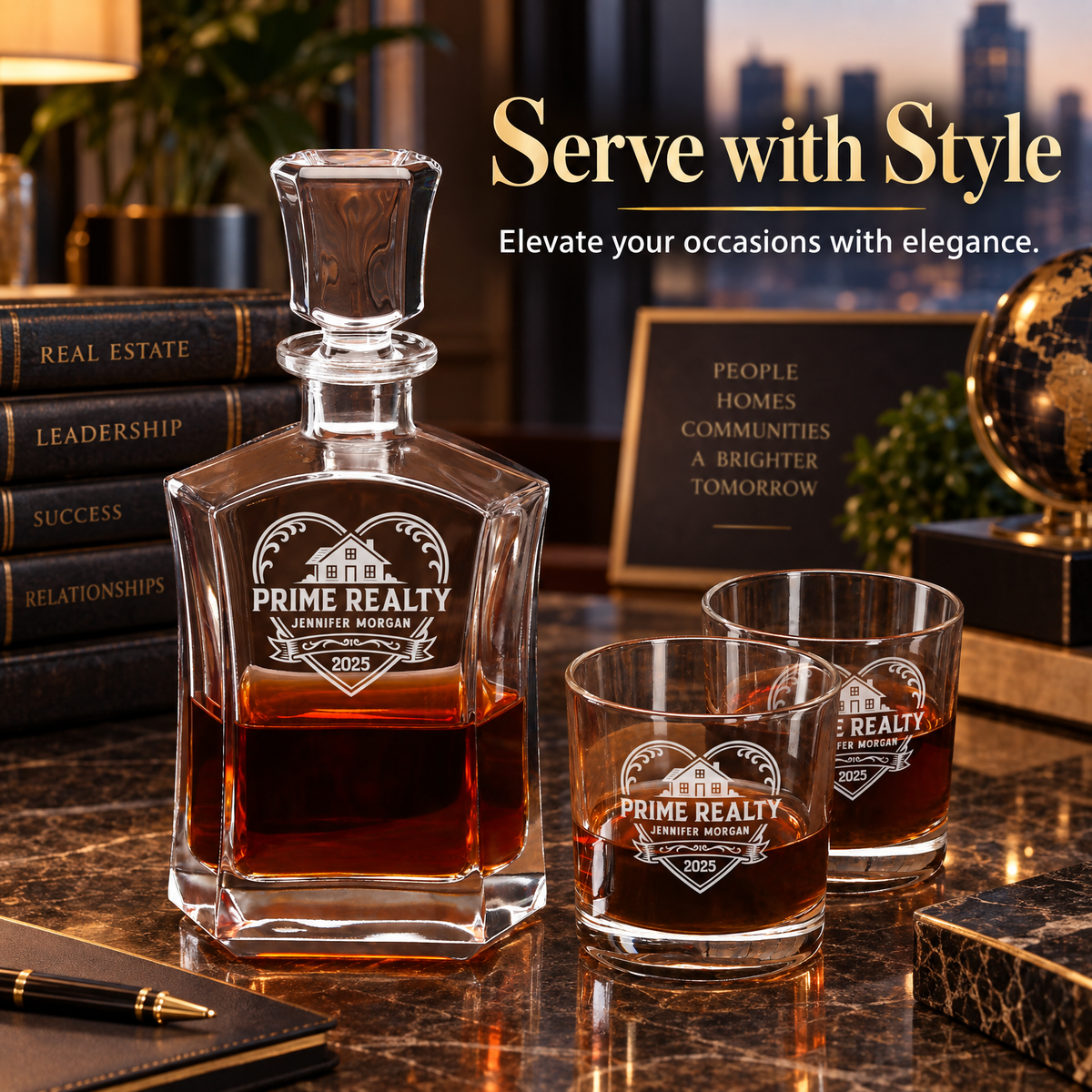 Real Estate Company Gifts – Slick Decanter Set with 4 Glasses & Wooden Box product image