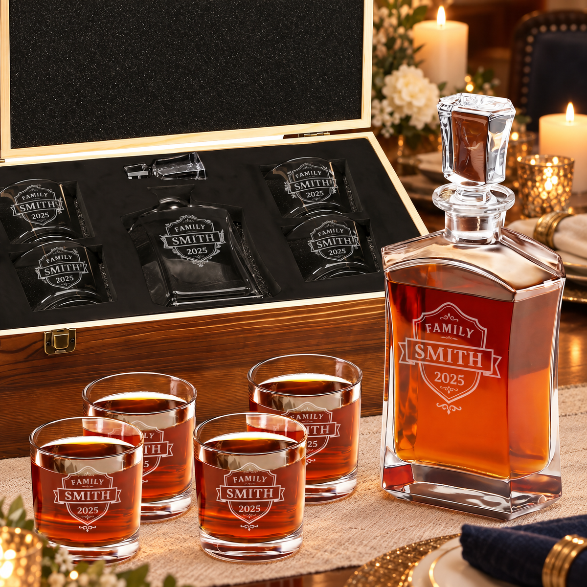Family Gift – Slick Decanter Set with 4 Glasses & Wooden Box – image 01