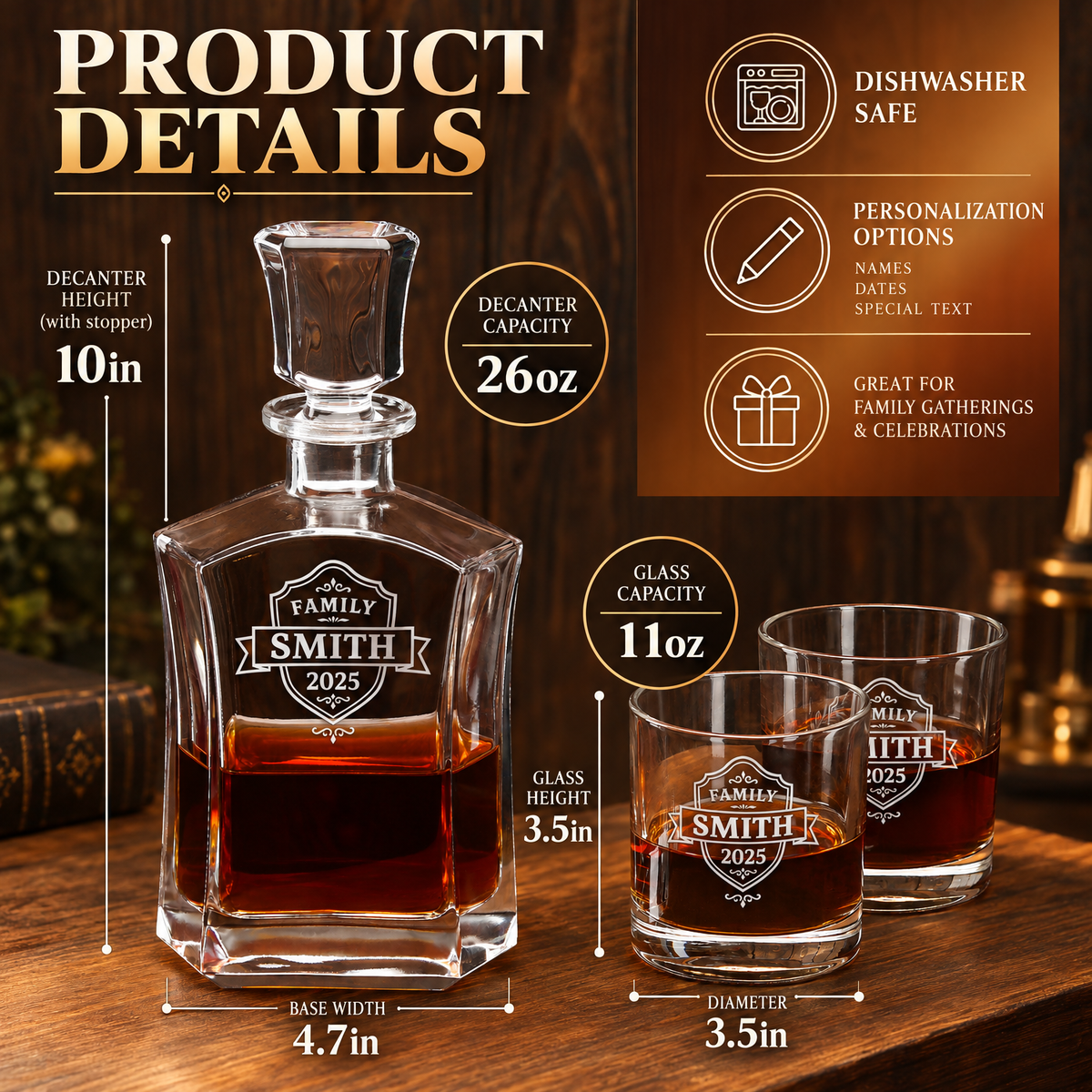 Family Gift – Slick Decanter Set with 4 Glasses & Wooden Box – image 02