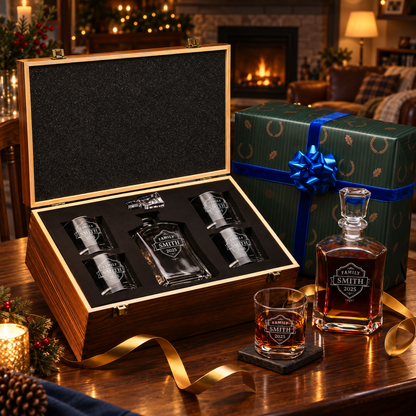 Family Gift – Slick Decanter Set with 4 Glasses & Wooden Box – image 04