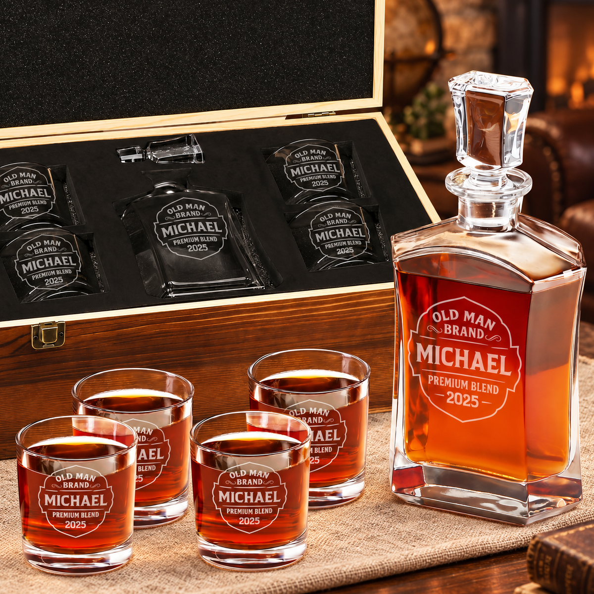 Gift for Father – Slick Decanter Set with 4 Glasses & Wooden Box – image 01