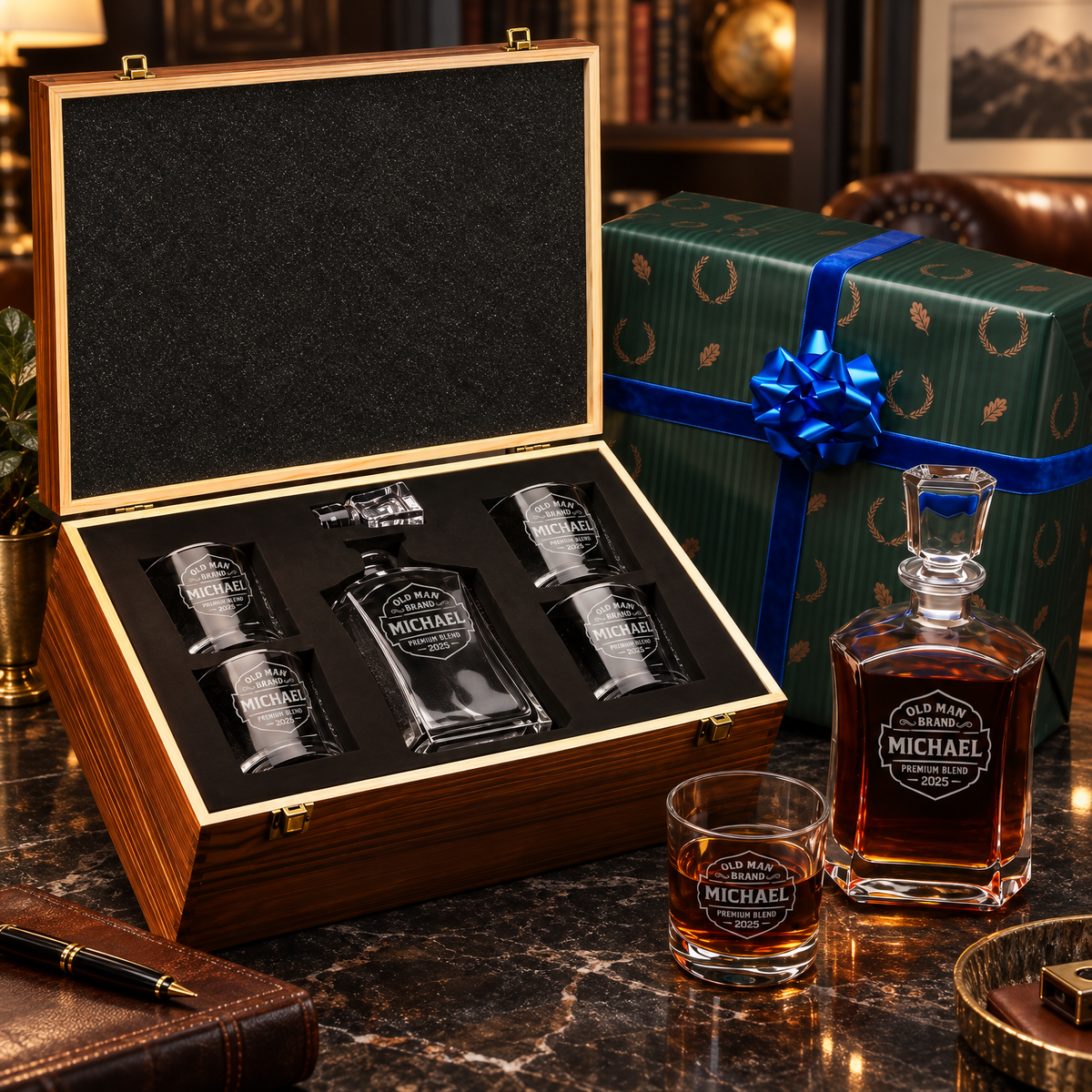 Gift for Father – Slick Decanter Set with 4 Glasses & Wooden Box – image 04