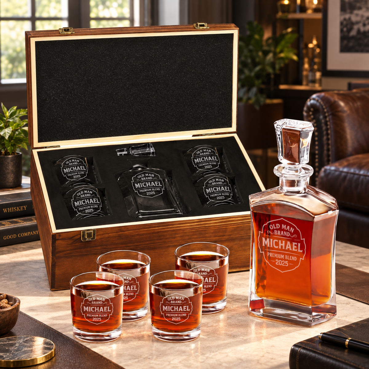 Gift for Father – Slick Decanter Set with 4 Glasses & Wooden Box – image 10
