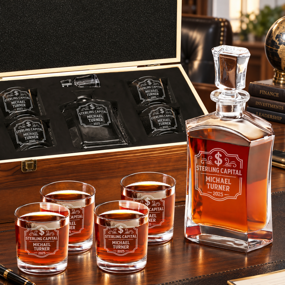 Finance Company Gifts – Slick Decanter Set with 4 Glasses & Wooden Box – image 01
