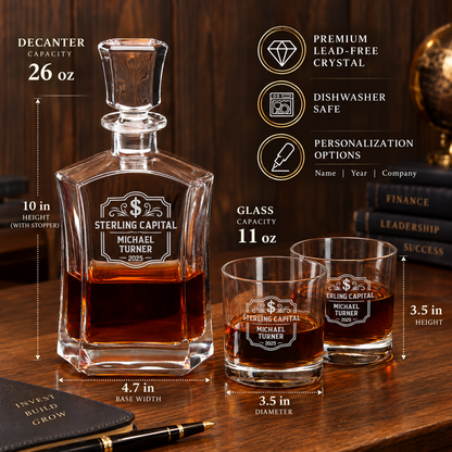 Finance Company Gifts – Slick Decanter Set with 4 Glasses & Wooden Box – image 02