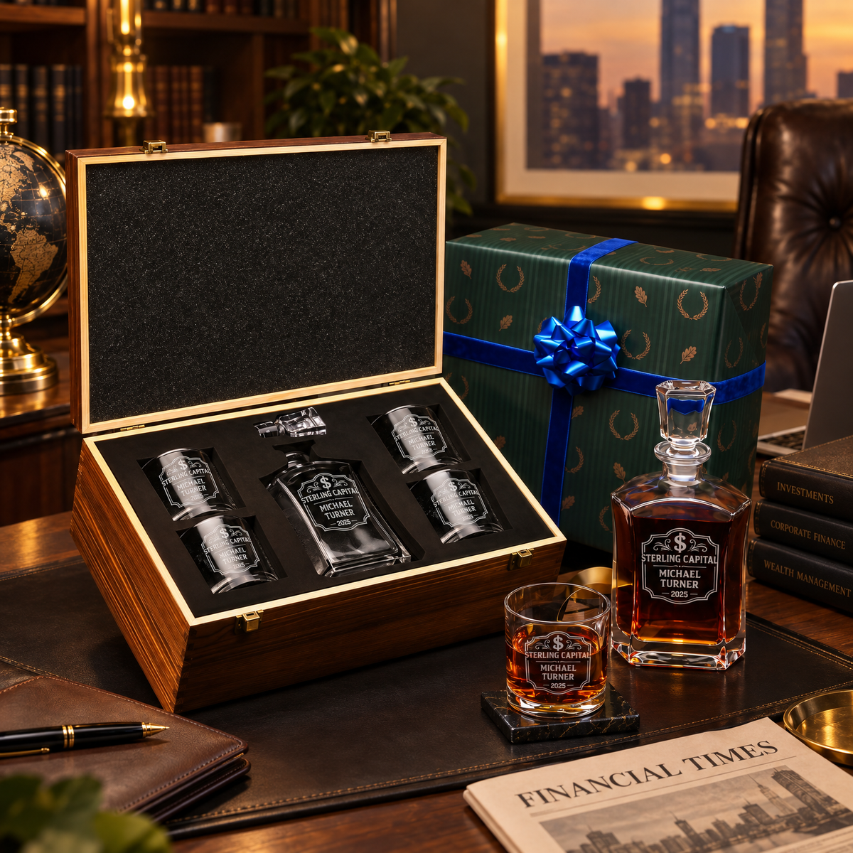 Finance Company Gifts – Slick Decanter Set with 4 Glasses & Wooden Box – image 04