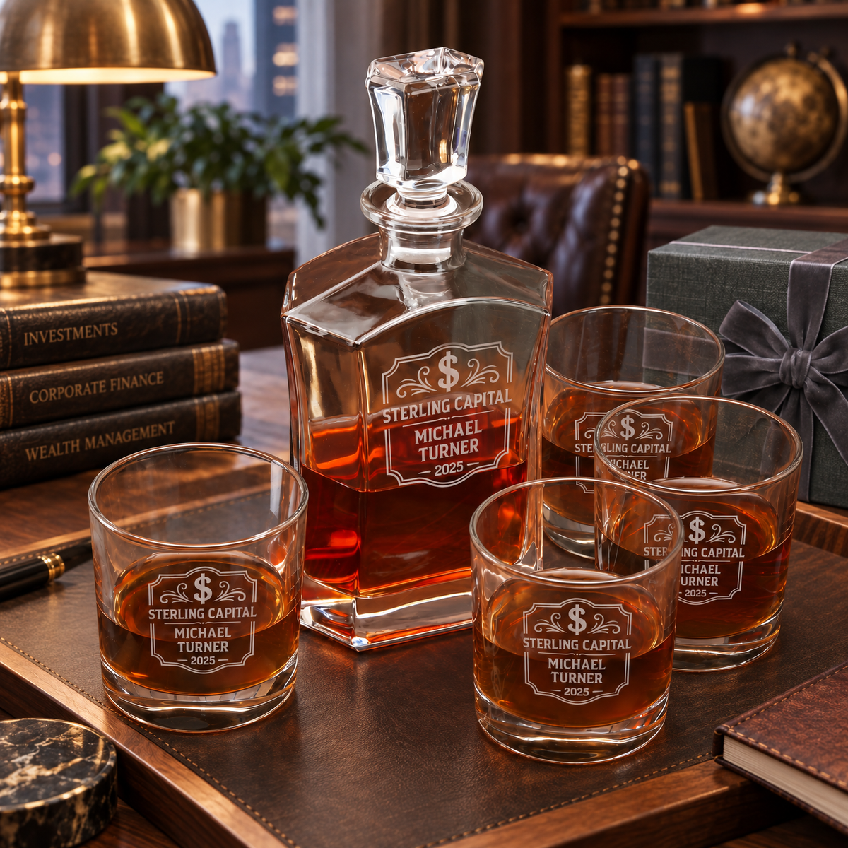 Finance Company Gifts – Slick Decanter Set with 4 Glasses & Wooden Box product image
