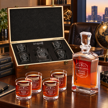 Finance Company Gifts – Slick Decanter Set with 4 Glasses & Wooden Box – image 10